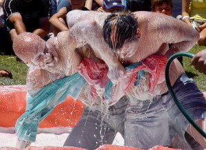 Apparently, regular wrestling isn't challenging enough...so why not mud wrestle?